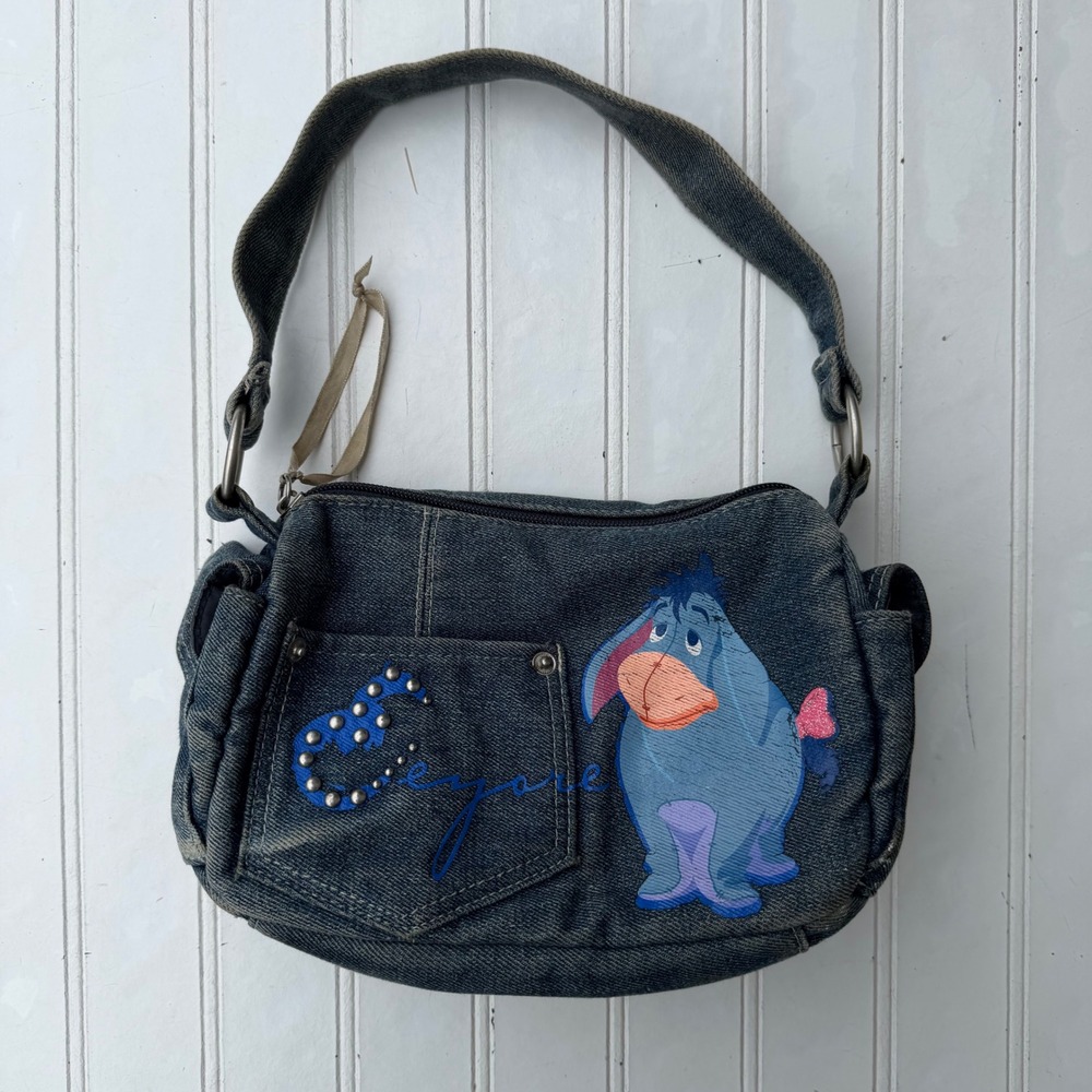Disney Eeyore Denim Shoulder Bag Blue Y2K Embroidered Studded Purse Vintage